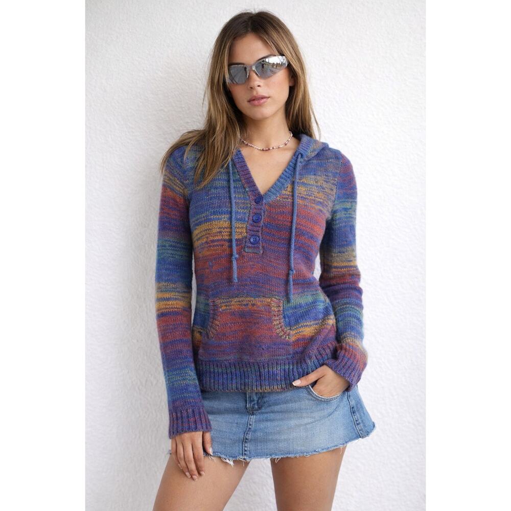 Y2K knit hoodie top Love Rocks women's Rainbow knit hooded sweatshirt size M